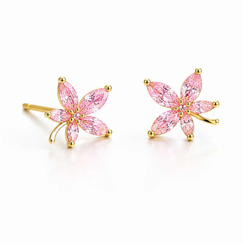 Pink Crystal Flower Stud Earrings