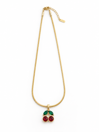 Cherry Charm Pendant Necklace  Gold Tone Anti Tarnish