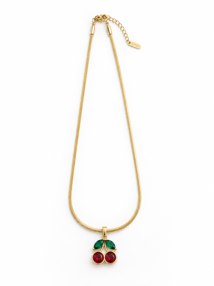 Cherry Charm Pendant Necklace  Gold Tone Anti Tarnish