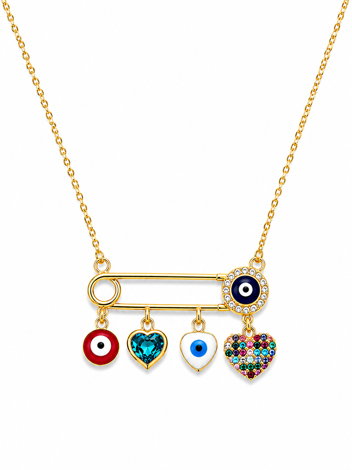 Evil Eye Safety Pin Charm Necklace