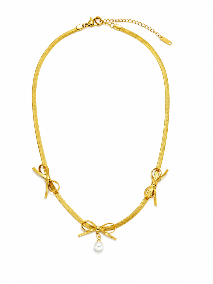 Elegant Gold Bow Pearl Necklace Anti Tarnish