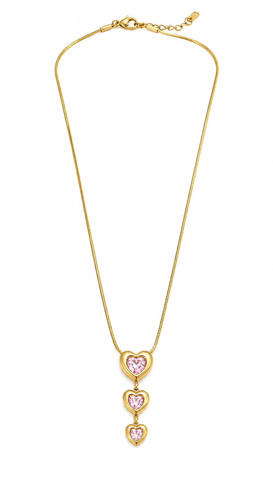 Triple Heart Pink Stone Necklace Anti Tarnish