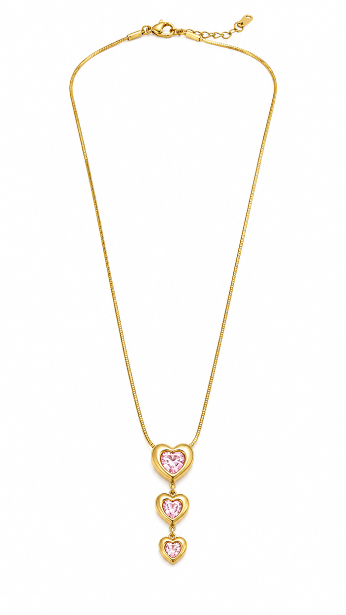 Triple Heart Pink Stone Necklace Anti Tarnish