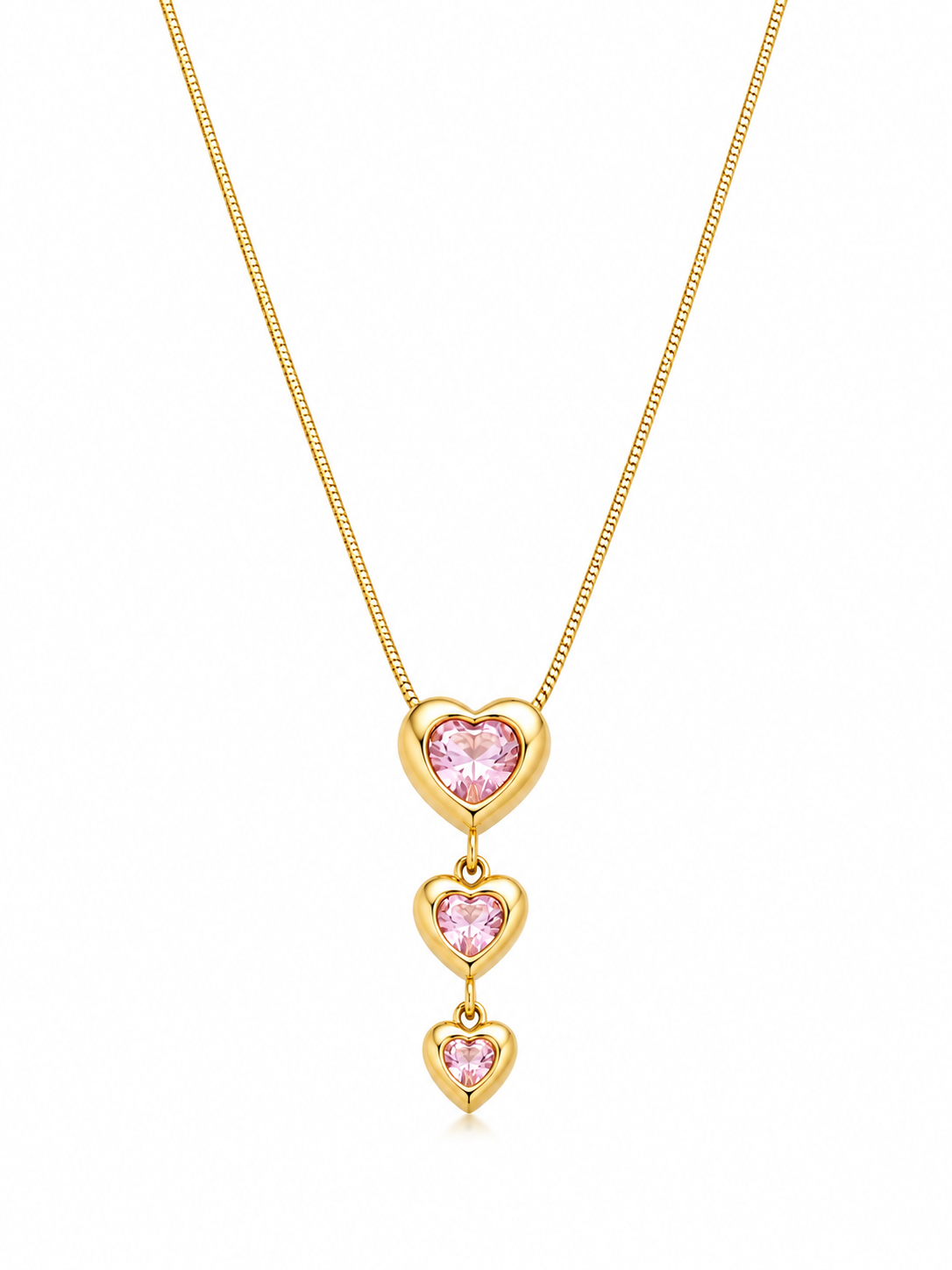 Triple Heart Pink Stone Necklace Anti Tarnish