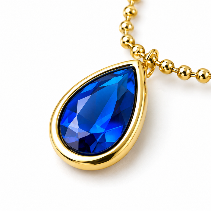 Sapphire Blue Teardrop Charm Necklace Anti Tarnish