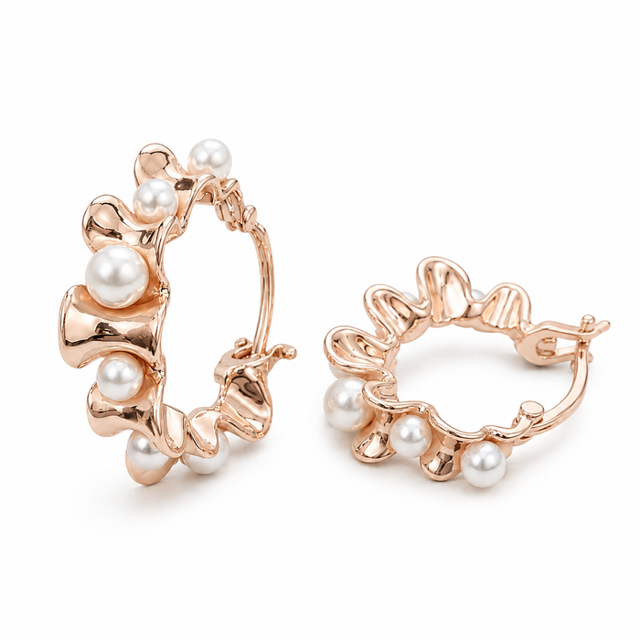 Wavy Rose Gold Pearl Hoop Earrings
